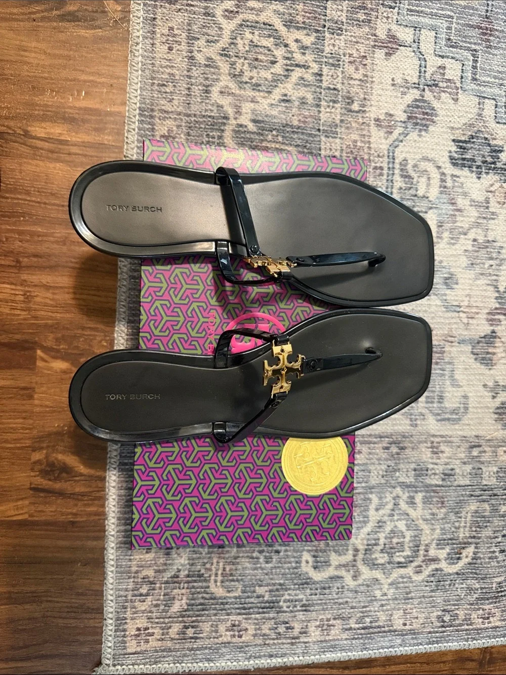 Tory Burch Black Patent Flat Sandals with Gold Logo Accent